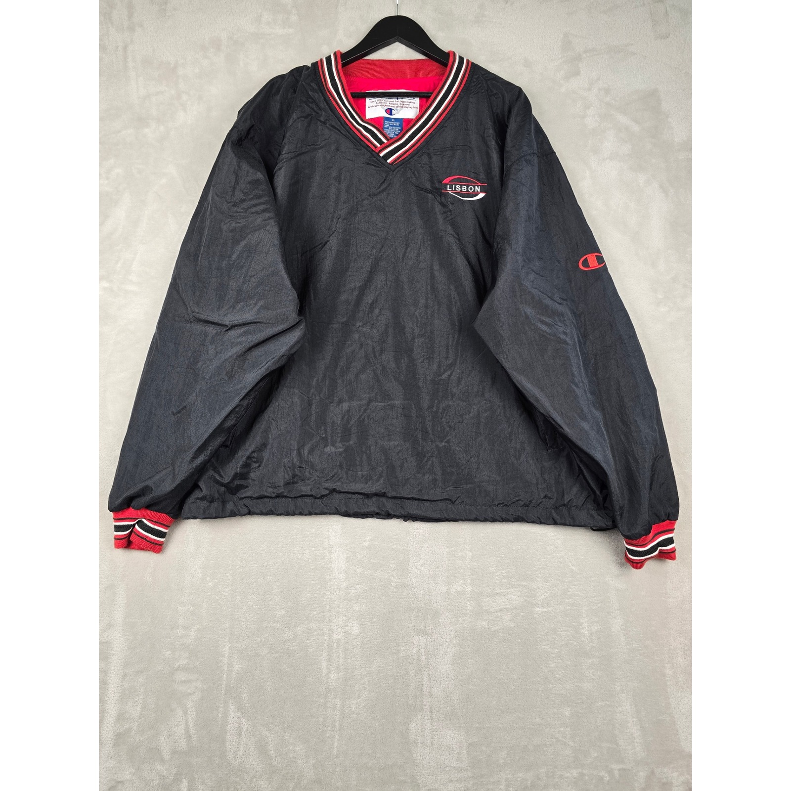 Vintage Champion Windbreaker Pullover Mens Xl Black Lisbon V-Neck Nylon Jacket